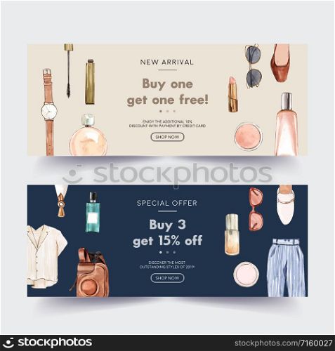 Fashion banner design with cosmetic, outfit, accessories watercolor illustration.
