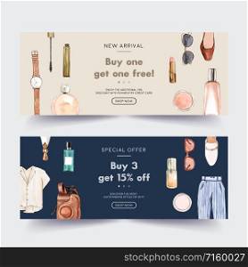 Fashion banner design with cosmetic, outfit, accessories watercolor illustration.