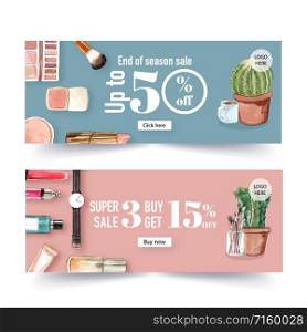 Fashion banner design with cosmetics and outfit watercolor illustration.