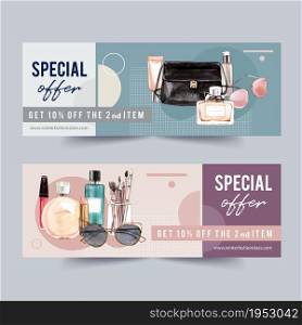 Fashion banner design with perfume, cosmetic, bag watercolor illustration.