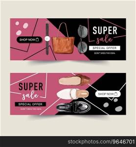 Fashion banner design with watch bag shoes Vector Image