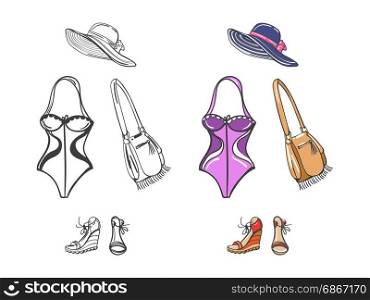 Fashion beach look for girl.. Fashion beach look for girl. Swimwear, shoes, hat and bag colorful and silhouettes. Vector illustration