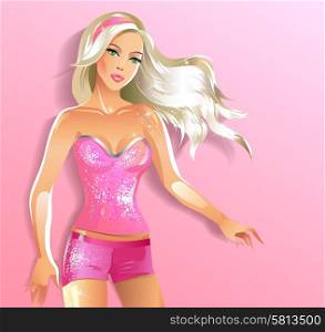 Fashion beautiful blonde woman in a pink dress, with abstract pink background for your text