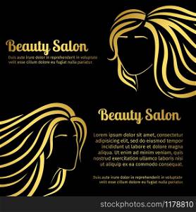 Fashion beauty salon banners design with gold girls head silhouettes, vector illustration. Gold girls hair silhouettes salon banners set