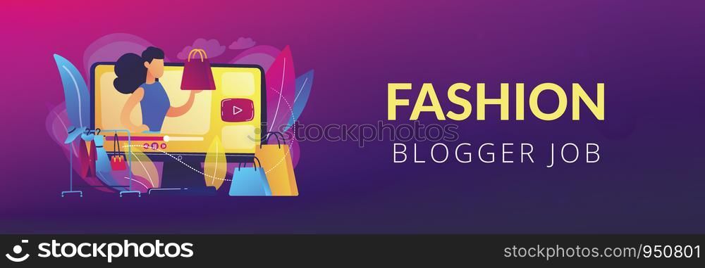 Fashion blogger review video fashionable purchase and clothes hanger. Fashion blog, shopping blogging, fashion blogger job concept. Header or footer banner template with copy space.. Fashion blog concept banner header.