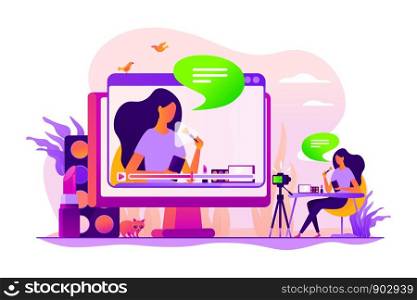 Fashion blogging, internet influencer. Cosmetics review, video content creation. Beauty blogger, beauty blog production, online beauty consultant concept. Vector isolated concept creative illustration. Beauty blogger concept vector illustration