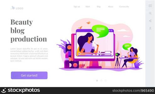 Fashion blogging, internet influencer. Cosmetics review, video content creation. Beauty blogger, beauty blog production, online beauty consultant concept. Website homepage header landing web page template.. Beauty blogger landing page template