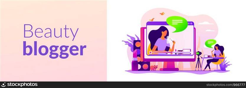 Fashion blogging, internet influencer. Cosmetics review, video content creation. Beauty blogger, beauty blog production, online beauty consultant concept. Header or footer banner template with copy space.. Beauty blogger web banner concept