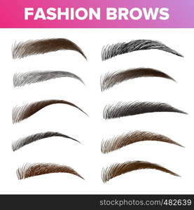 Fashion Brows Various Shapes And Types Vector Set. Brown And Black Brows Pack. Beautician Parlor, Salon Sign Isolated Design Element. Beauty Industry. Trendy Eyebrows Realistic Illustration. Fashion Brows Various Shapes And Types Vector Set