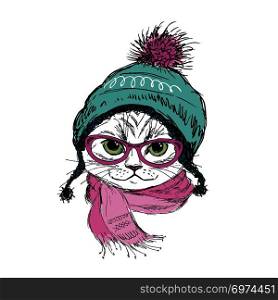 Fashion Cat in hat ,scarf and glasses. Hipster isolated on white. Vector illustration for a greeting card, poster, or print on clothes.. Fashion Cat in hat ,scarf and glasses