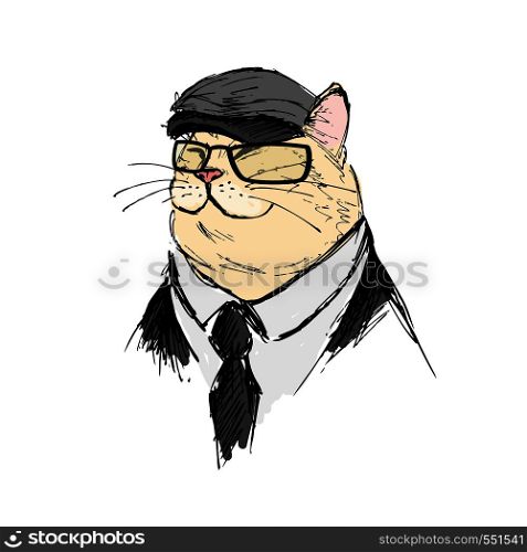 Fashion cat with glasses,hat and suit,isolated on white background,hand drawn vector illustration. Fashion cat with glasses,hat and suit