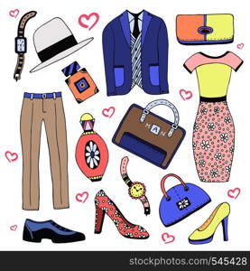 Fashion clothes and accessories set. Doodles vector sketch icons for man and woman beauty design. Fashion clothes and accessories set. Doodles vector sketch icons for man woman beauty design