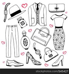 Fashion clothes and accessories set. Summer fashion doodles collection. Vector sketch icons for man and woman beauty design. Fashion clothes and accessories set. Summer doodles collection. Vector sketch icons for man woman beauty design.