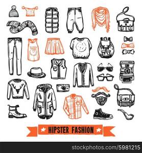 Fashion clothes hipster doodle icons set. Modern hipster fashion clothing and accessories black and orange doodle style pictograms collection abstract vector isolated illustration