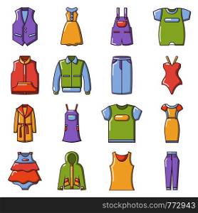 Fashion clothes wear icons set. Cartoon illustration of 16 fashion clothes wear vector icons for web. Fashion clothes wear icons set, cartoon style
