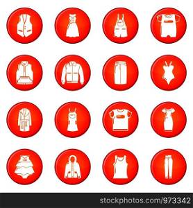 Fashion clothes wear icons set vector red circle isolated on white background . Fashion clothes wear icons set red vector
