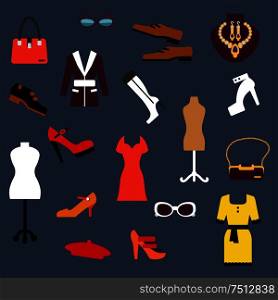 Fashion clothing and accessories flat icons set with woman and man shoes, elegant dresses and jacket, luxury jewelries, bags, glasses, beret and vintage mannequins. Fashion clothing and accessories flat icons