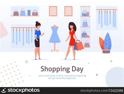 Fashion Clothing Store Banner with Shop Interior, Clothing on Hangers and Bags on Shelves, Fitting Rooms and Customers Buying Products. Woman Talking to Shop Assistant. Shopping Day.. Fashion Clothing Store Banner with Shop Interior.