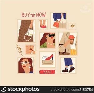 Fashion collage. Sale poster, shopping online store. Buy it now, fashionable girl photo frames. Female shoes, sunglasses bags, vector discount illustration. Clothing discount retail, boutique card. Fashion collage. Sale poster, shopping online store concept. Buy it now, fashionable girl photo frames. Female shoes, sunglasses bags, vector discount illustration
