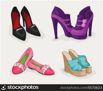 Fashion collection of classic woman&#39;s black shoes on high heels ankle boots and sandals isolated vector illustration