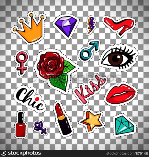 Fashion colorful stickers collection isolated on transparent background. Rose and eye, lipstick and nail polish badges or vector pins. Fashion stickers on transparent background