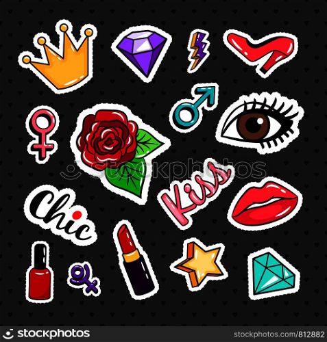 Fashion colorful stickers collection on black background. Rose and eye, lipstick and nail polish badges or vector pins. Fashion colorful stickers collection