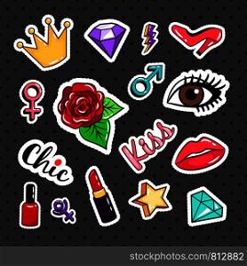 Fashion colorful stickers collection on black background. Rose and eye, lipstick and nail polish badges or vector pins. Fashion colorful stickers collection