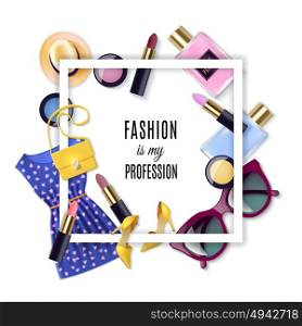 Fashion Concept Set. Women fashion lay concept cartoon set with frame vector illustration