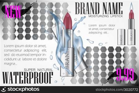 Fashion cosmetic lipstick tube vector 3d illustration mockup water splash. Design Ads Cosmetics Luxury Product Flyer Template for Magazine Background. Silver pink package design. Vector.