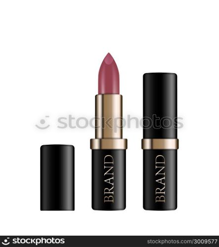 Fashion cosmetic lipstick vector 3d illustration mockup on white background. Cosmetic gold black package design.