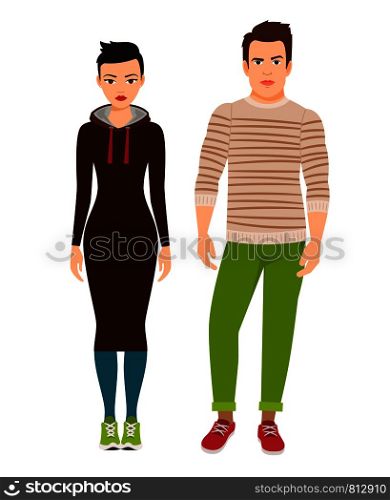 Fashion couple in hipster style clothes and sneakers on white background. Vector illustration. Couple in hipster style clothes