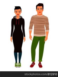 Fashion couple in hipster style clothes and sneakers on white background. Vector illustration. Couple in hipster style clothes