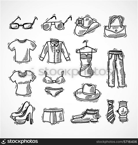 Fashion decorative icons set with glasses hat bag dress sketch isolated vector illustration