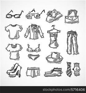 Fashion decorative icons set with glasses hat bag dress sketch isolated vector illustration