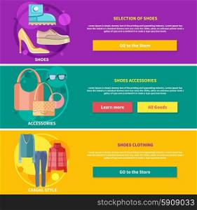 Fashion design clothes and accessories for woman decorative elements icons in flat design style on multicolor banners. Selection, accessories and clothing shoes