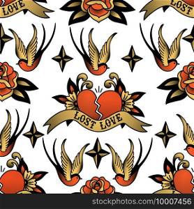 Fashion design for textile, wallpaper, wrapping, web backgrounds and other pattern fills. Vector seamless pattern with elements of old school tattoo Swallow, broken heart, rose, star