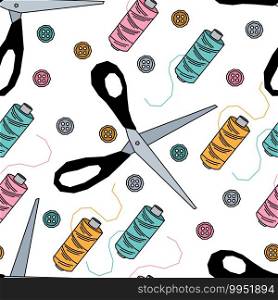 Fashion design for textile, wallpaper, wrapping, web backgrounds and other pattern fills. Vector seamless pattern with scissors, threads and buttons