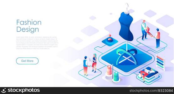 Fashion design isometric landing page vector template. Sewing workshop, tailor studio website homepage interface illustration layout. Designer clothing store web banner isometry concept. Fashion design isometric landing page vector template