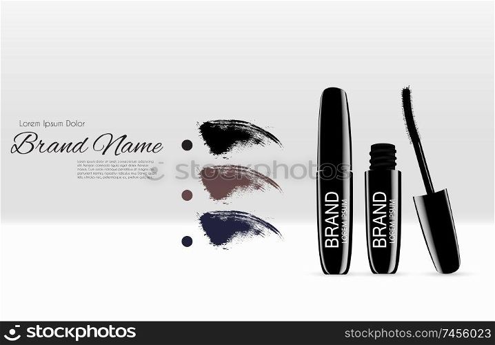 Fashion Design Makeup Cosmetics Product  Template for Ads or Magazine Background.  Mascara Product Series Reportv 3D Realistic Vector Iillustration. EPS10. Fashion Design Makeup Cosmetics Product  Template for Ads or Magazine Background.  Mascara Product Series Reportv 3D Realistic Vector Iillustration