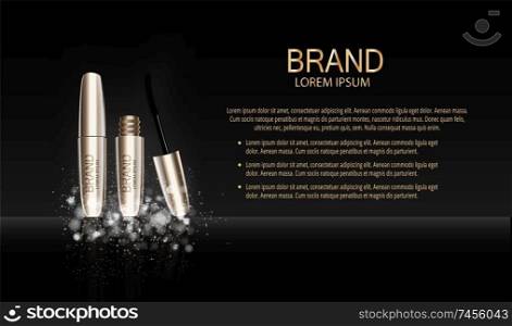 Fashion Design Makeup Cosmetics Product  Template for Ads or Magazine Background.  Mascara Product Series Reportv 3D Realistic Vector illustration. EPS10. Fashion Design Makeup Cosmetics Product  Template for Ads or Magazine Background.  Mascara Product Series Reportv 3D Realistic Vector Iillustration