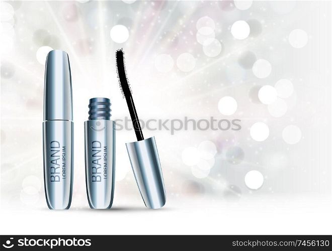 Fashion Design Makeup Cosmetics Product  Template for Ads or Magazine Background.  Mascara Product Series Reportv 3D Realistic Vector Iillustration. EPS10. Fashion Design Makeup Cosmetics Product  Template for Ads or Magazine Background.  Mascara Product Series Reportv 3D Realistic Vector Iillustration