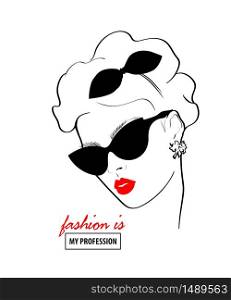 Fashion design sketch woman in style pop art. Glamour woman in black sunglasses red lips. Red mouth speed girl fashion sketch.. Fashion design sketch woman in style pop art