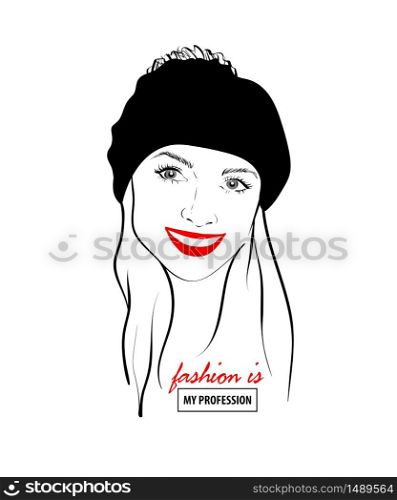 Fashion design sketch woman in style pop art. Glamour woman in black sunglasses red lips. Red mouth speed girl fashion sketch.. Fashion design sketch woman in style pop art