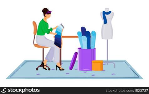 Fashion designer atelier flat color vector illustration. Choosing right color and textile at workshop. Designing clothes in tailor studio isolated cartoon character on white background