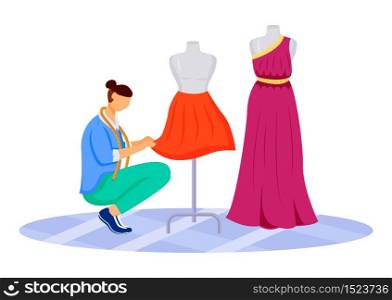 Fashion designer atelier flat color vector illustration. Creating exclusive skirts, dresses at workshop. Designing and sewing clothes in tailor studio isolated cartoon character on white background