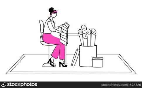 Fashion designer atelier flat contour vector illustration. Choosing right color and textile at workshop. Designing clothes isolated cartoon outline character on white background. Simple drawing