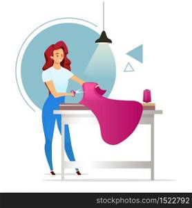 Fashion designer flat color vector illustration. Atelier. Female tailor. Woman making clothes. Sewing studio. Girl cutting fabric. Dressmaker. Isolated cartoon character on white background