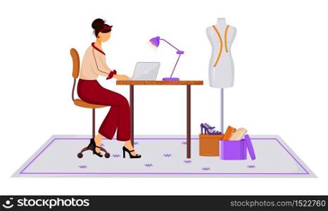 Fashion designer in atelier flat color vector illustration. Creating modern clothing with laptop. Creative job. Designing new collection in studio isolated cartoon character on white background