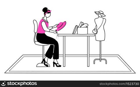 Fashion designer in atelier flat contour vector illustration. Sewing, reparing hat in studio isolated cartoon outline character on white background. Creating accessories at workshop simple drawing