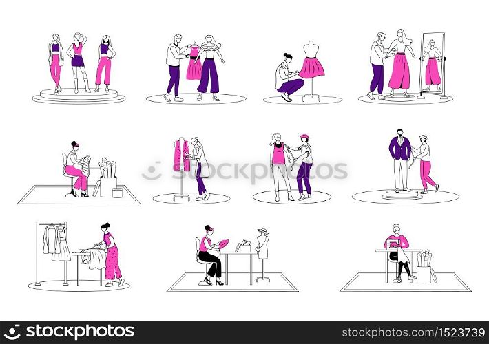 Fashion designer in atelier flat contour vector illustration set. Sewing and reparing clothes isolated cartoon outline characters on white background. Creating clothes for catwalk simple drawing